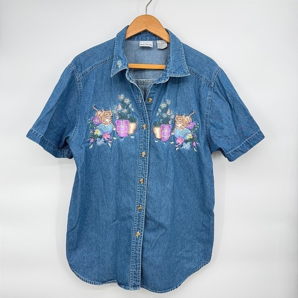 Bobbie Brooks Denim Shirt Cat Embroidered Button Front Cottage Core Size LG